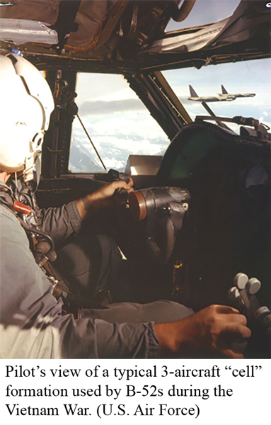 Pilot’s view of a typical 3-aircraft “cell” formation used by B-52s during the Vietnam War. (U.S. Air Force)